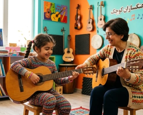 آموزش گیتار کودکان شیراز در کلاس شاد و تخصصی کودک آموزشگاه چاووش